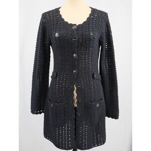 Beth‎ Bowley Crochet Cardigan Duster Open Knit Button Front Angora Blend Sweater